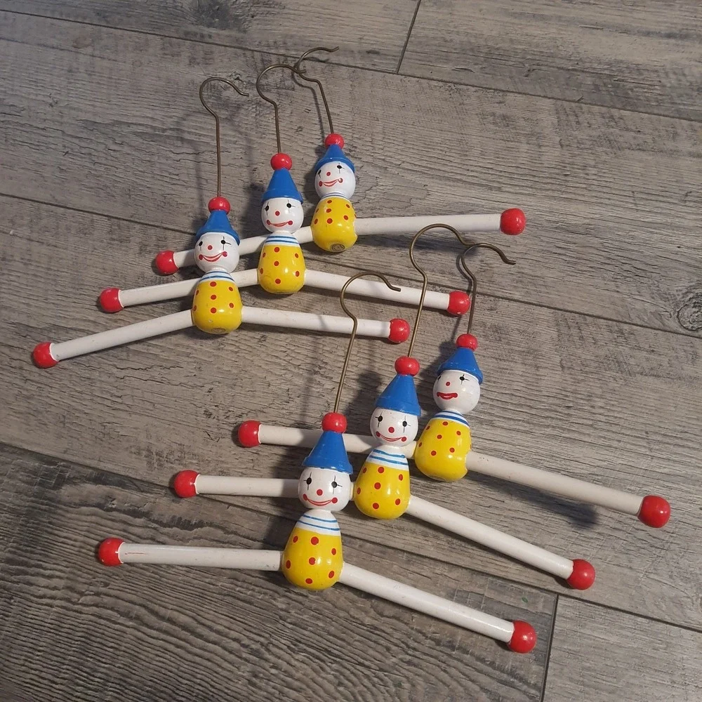 Vintage Painted Wooden Clown Small Clothes Hangers Set of 6 Made in Thailand